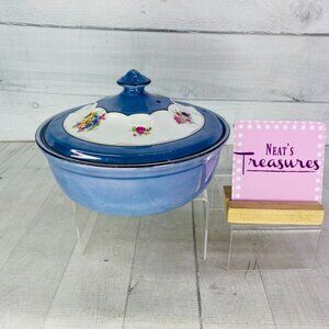 Vintage Excello Czechoslovakia FLORAL 808 Blue Heat Proof Lusterware W Lid Bowl